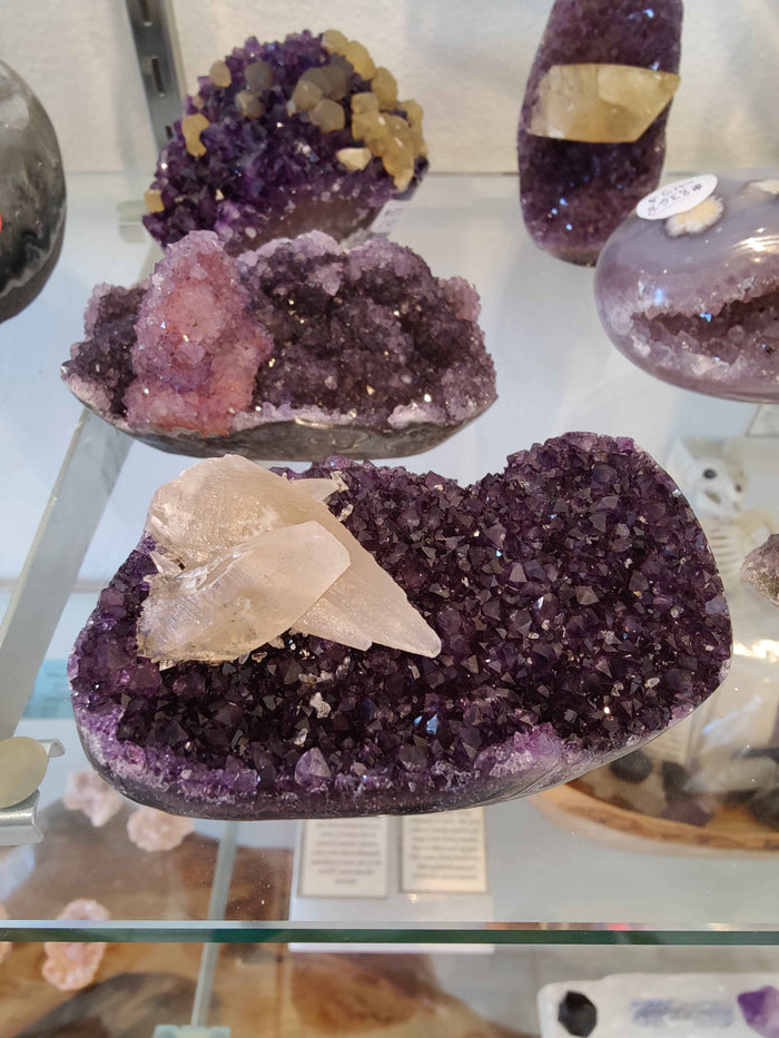 Amethyst with Calcite Crystal Inclusions Geode Sculpture - Smokin Resin Company