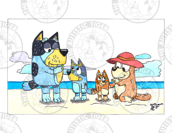 Art Print - B08 Heeler Family Beach (Bluey, Bingo, Parents)