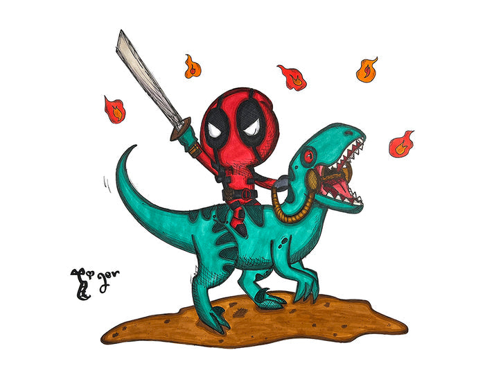 Art Print - SH08 Deadpool Riding Raptor - Marvel Jurassic Park