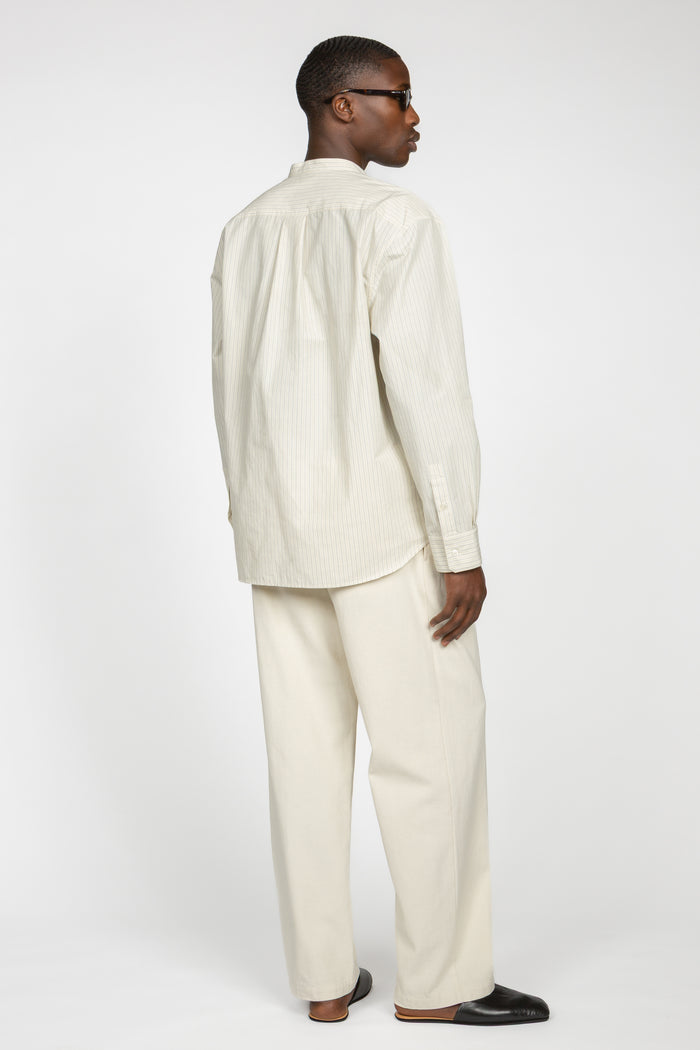 Band Collar Button Down Shirt - Eggshell / Tan Stripe