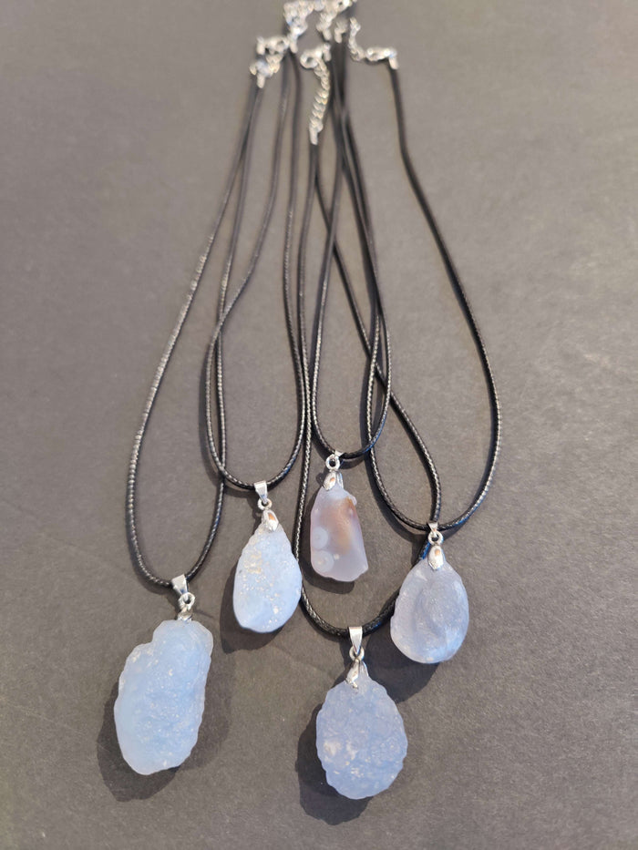 Blue Chalcedony Gobi Desert Raw Stone Pendant with Cord Necklace 18" - Smokin Resin Company
