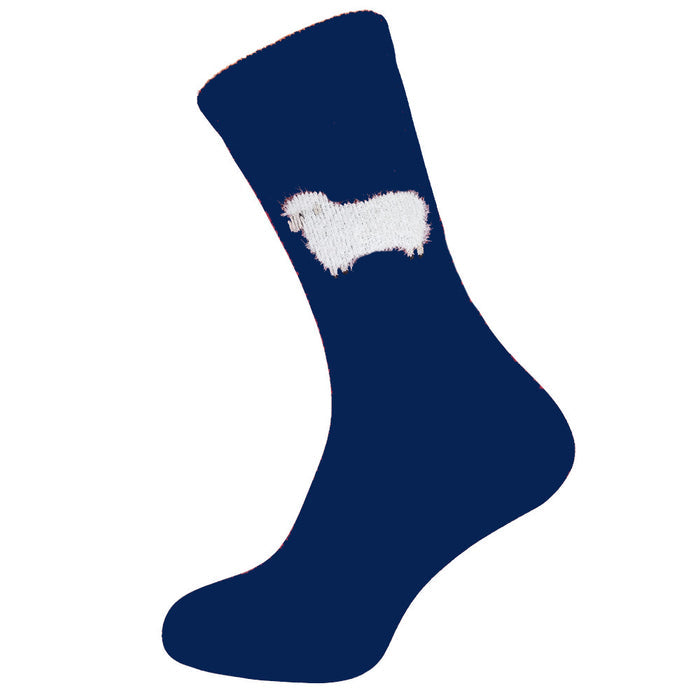 Dark blue crew socks with fluffy sheep