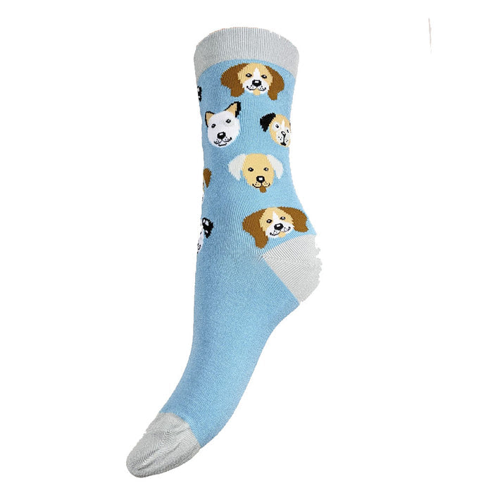 Blue bamboo sock with dog faces and contrasting heel, toe and cuff