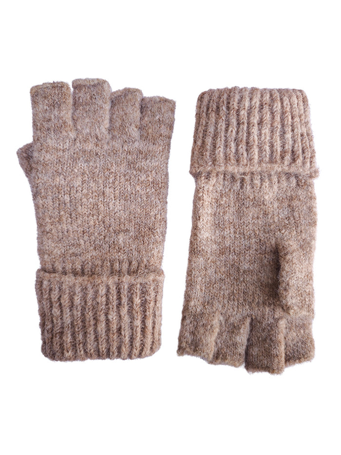 Pair of fawn knit fingerless gloves with a turnover cuff from Gemjar