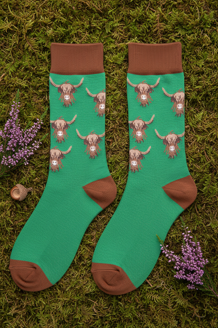 Green Highland Cow Men's Bamboo Socks