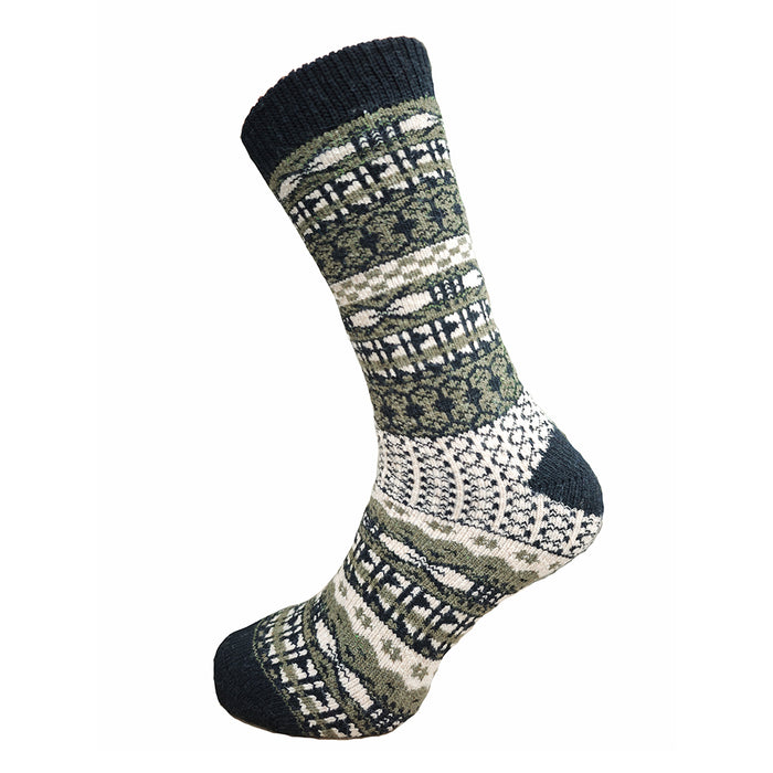 Knitted sock with geometric pattern on a white background