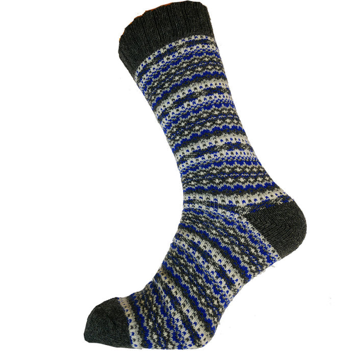 A pair of patterned wool blend socks in gray, blue, and white colors.