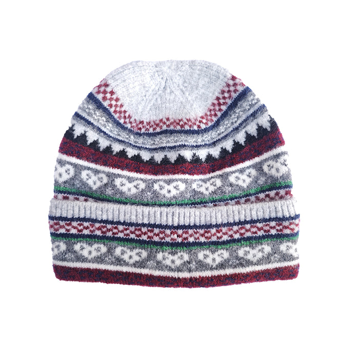 Knitted hat with a colorful pattern on a white background