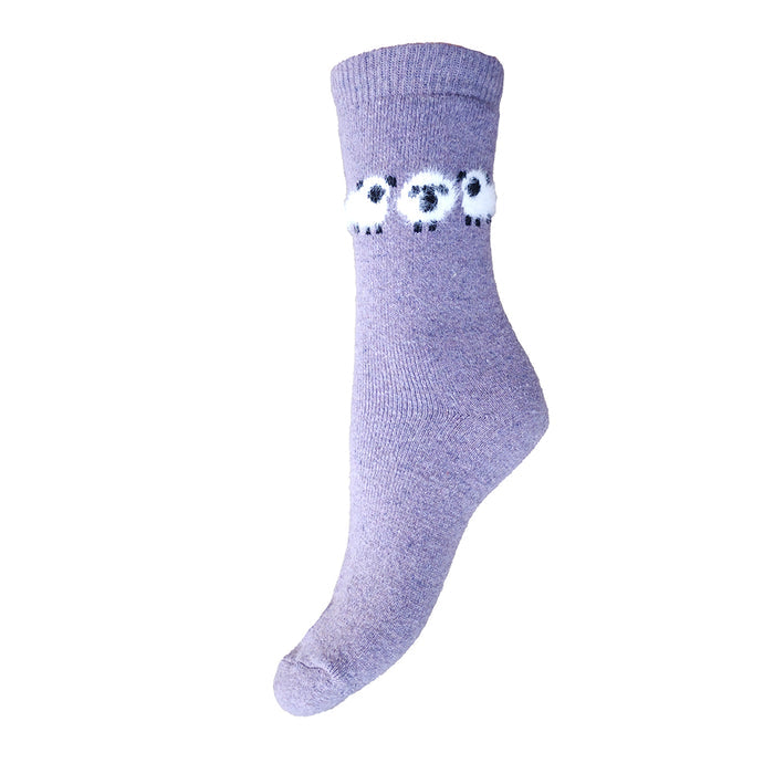 Purple sock with fluffy sheep design on a white background