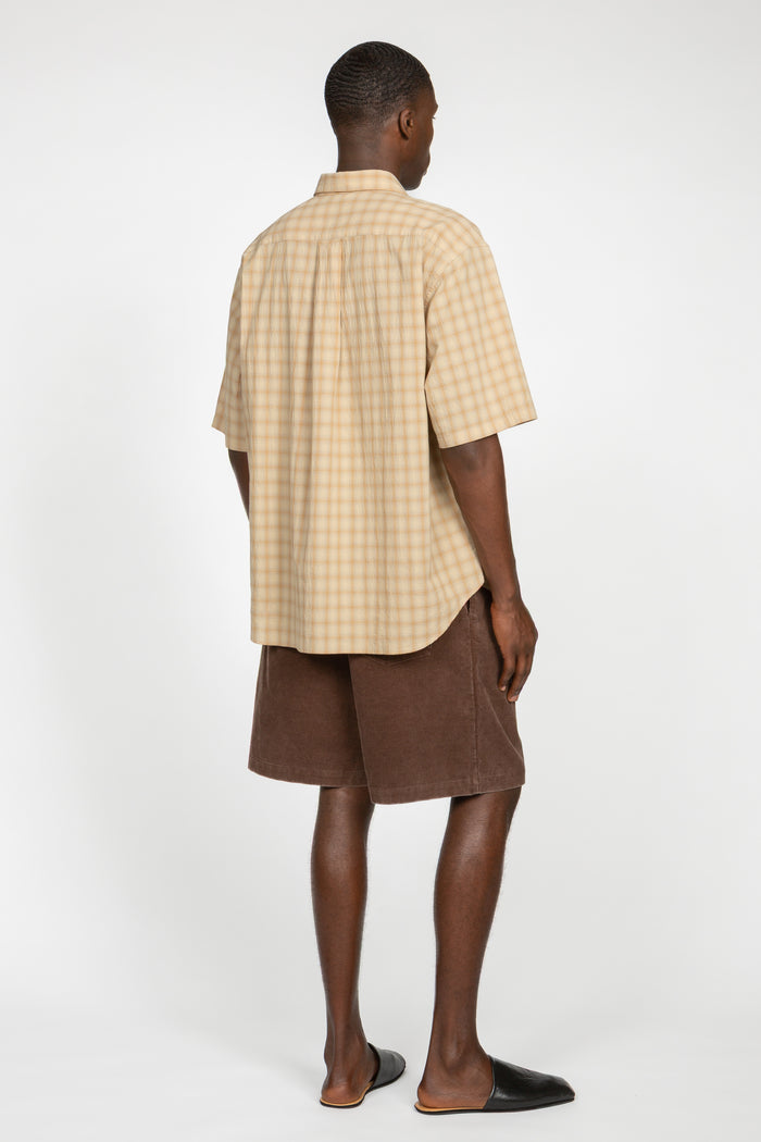 Oversized Short Sleeve Shirt - Beige / Tan Shadow Plaid