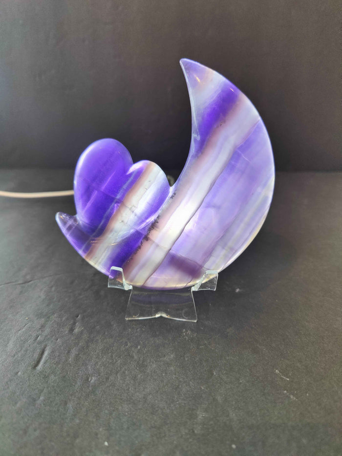Purple Fluorite Half-Moon & Heart Sculpture on 5" Metal Stand - Smokin Resin Company