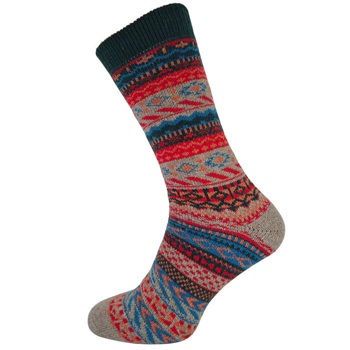 Red and blue toned Fairisle patterned cosy crew socks