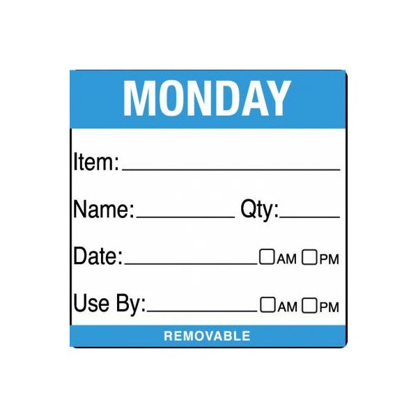Removable Food Rotation Label 50mm X 50mm (Roll Of 500) Monday/Blue