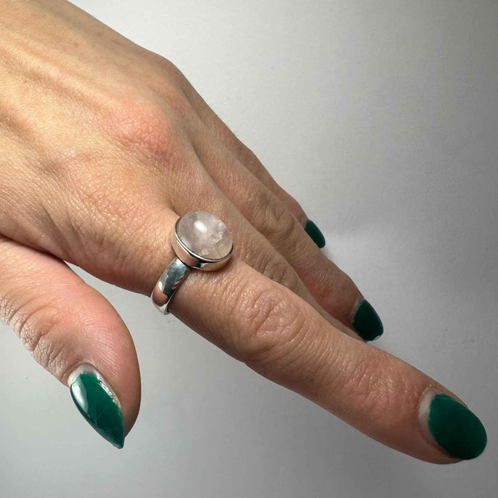Rose Quartz Oval Cabochon Ring in .925 Sterling Silver Size 6 - Smokin Resin Company