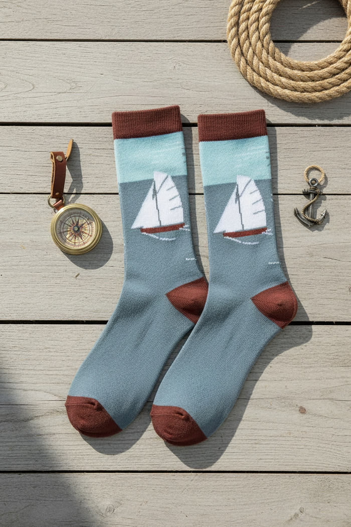Sailing Boat Men's Bamboo Socks - flat lay no sole