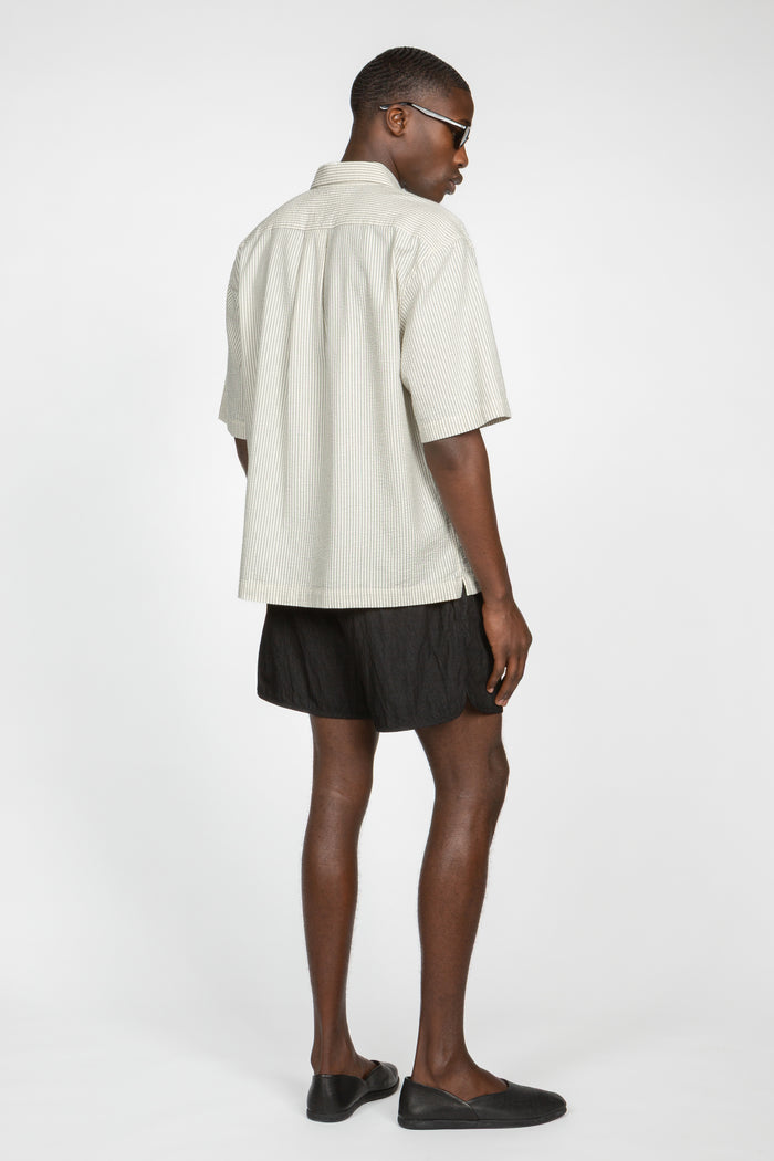 Short Sleeve Button Down Shirt - Ecru Pencil Stripe Seersucker