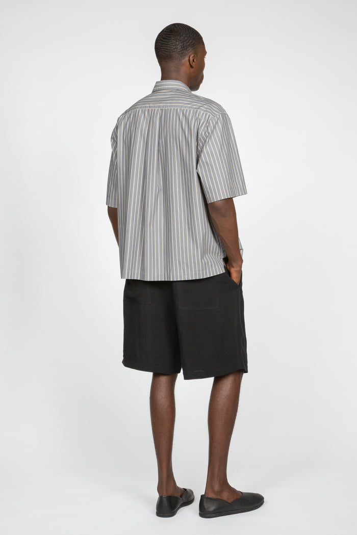Short Sleeve Button Down Shirt - Grey / Beige Variegated Stripe