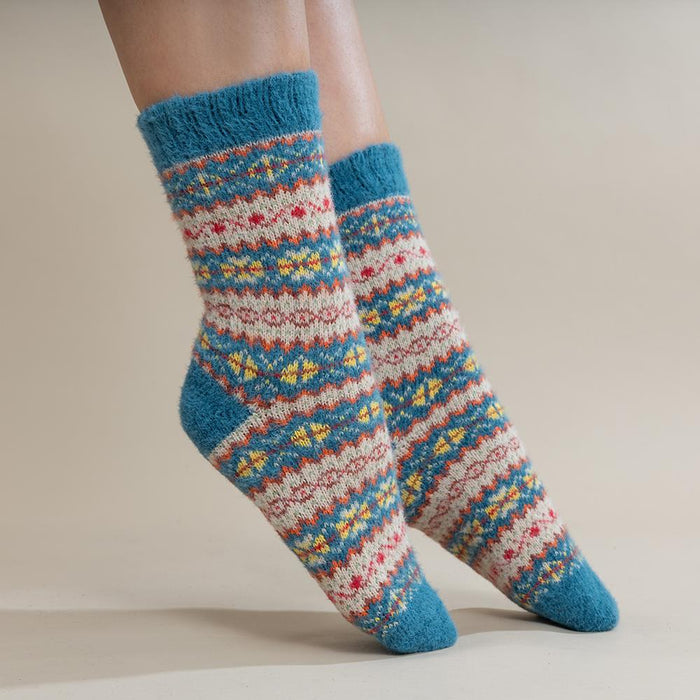 Teal, fawn and yellow Scandi patterned soft Cosy socks