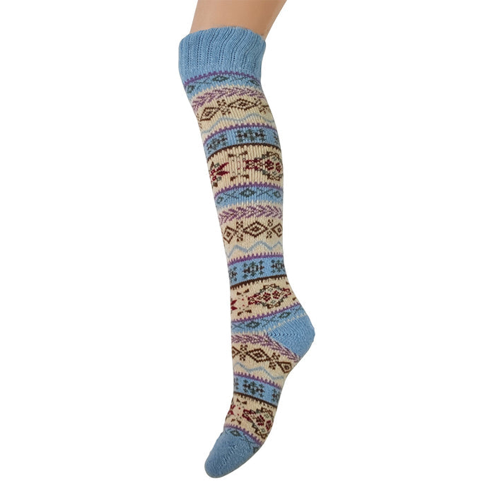 Thick blue and cream Fairisle patterned Knee high Wool Blend Socks