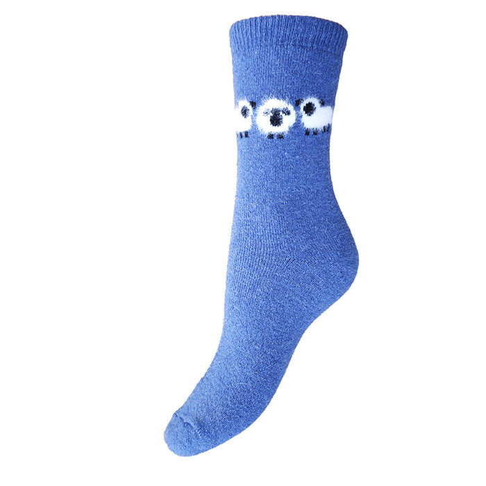 Blue sock with fluffy sheep design on a white background