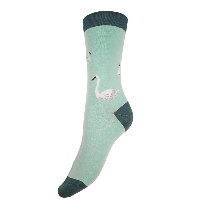 Pale teal sock with white swans and contrasting heel, toe and cuff on a white background