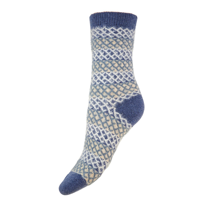 Blue and beige patterned sock on a white background