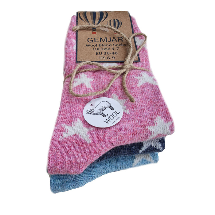 Pack of 3 pink and blue socks with white stars on a white background
