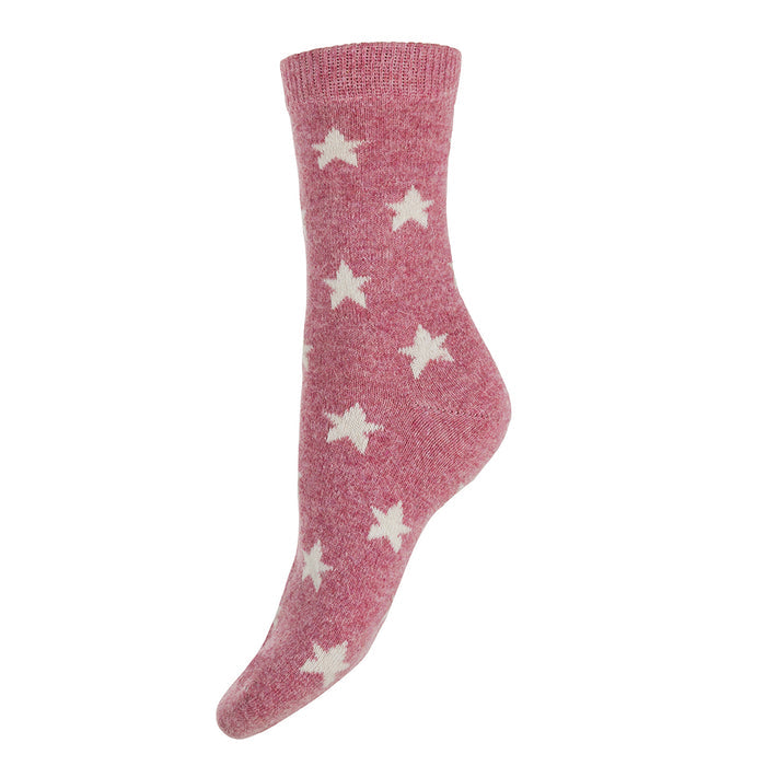 Pink sock with white star patterns on a white background