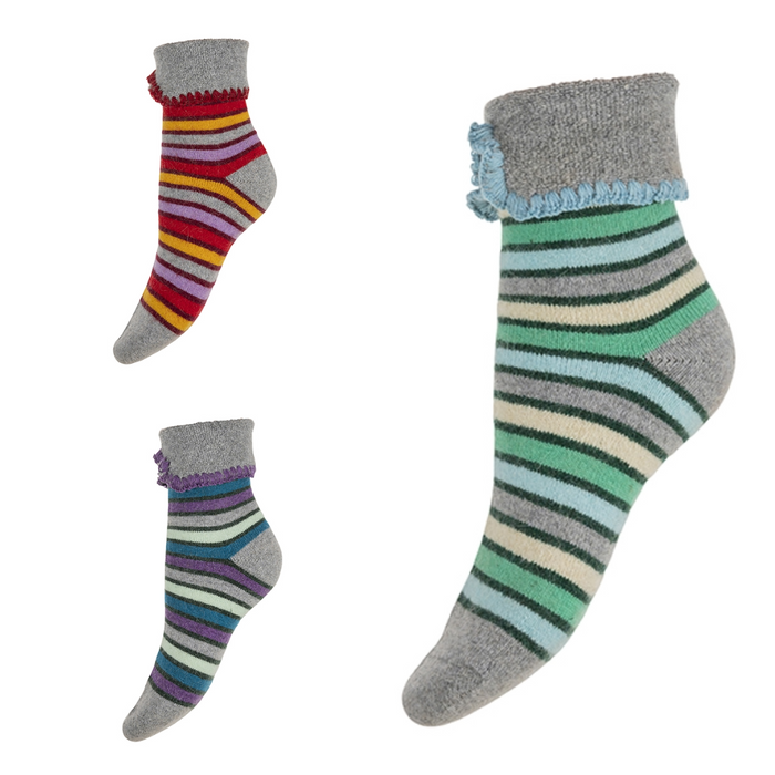 Three pairs of colorful striped socks with gray cuffs on a white background
