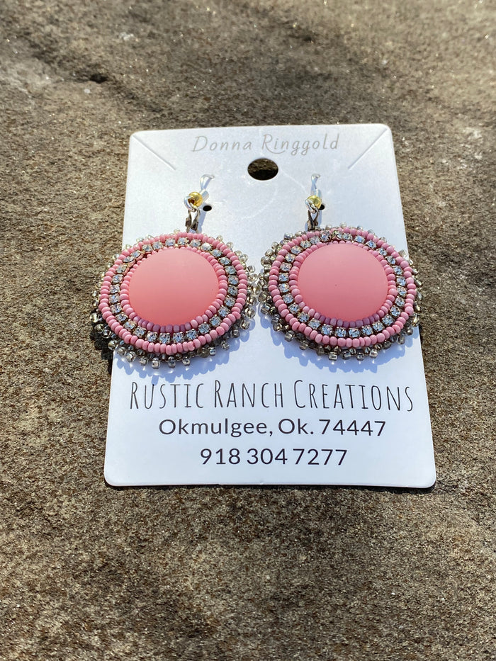 Matte Pink Cab earrings Made By Mvskoke Artist, Donna Ringgold