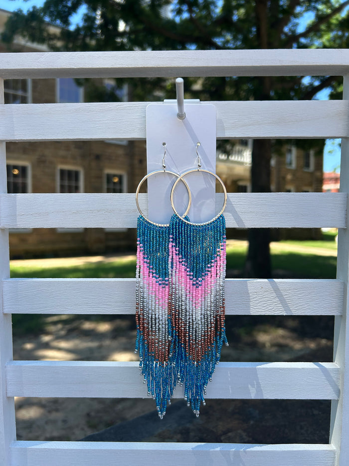 Blue/Pink Beaded Fringe Earrings Made by Carmen Tiger