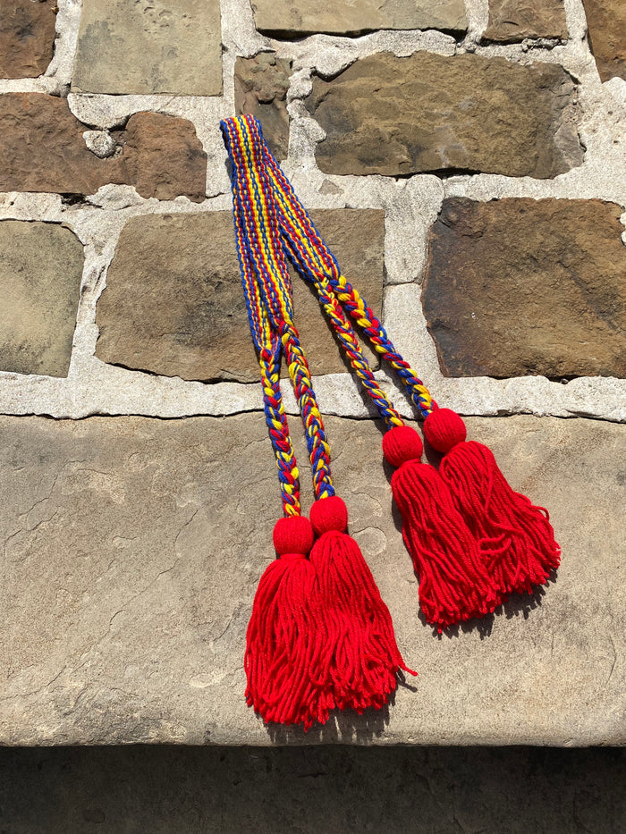 Double strap handwoven yarn belts made by Mvskoke artist, April Harley
