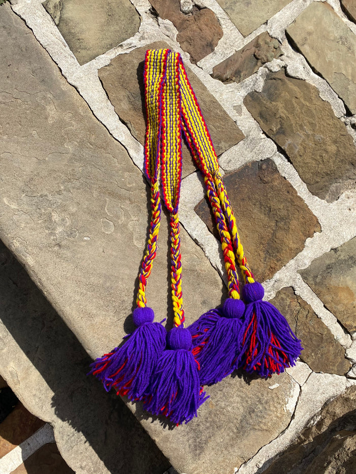 Double strap handwoven yarn belts made by Mvskoke artist, April Harley