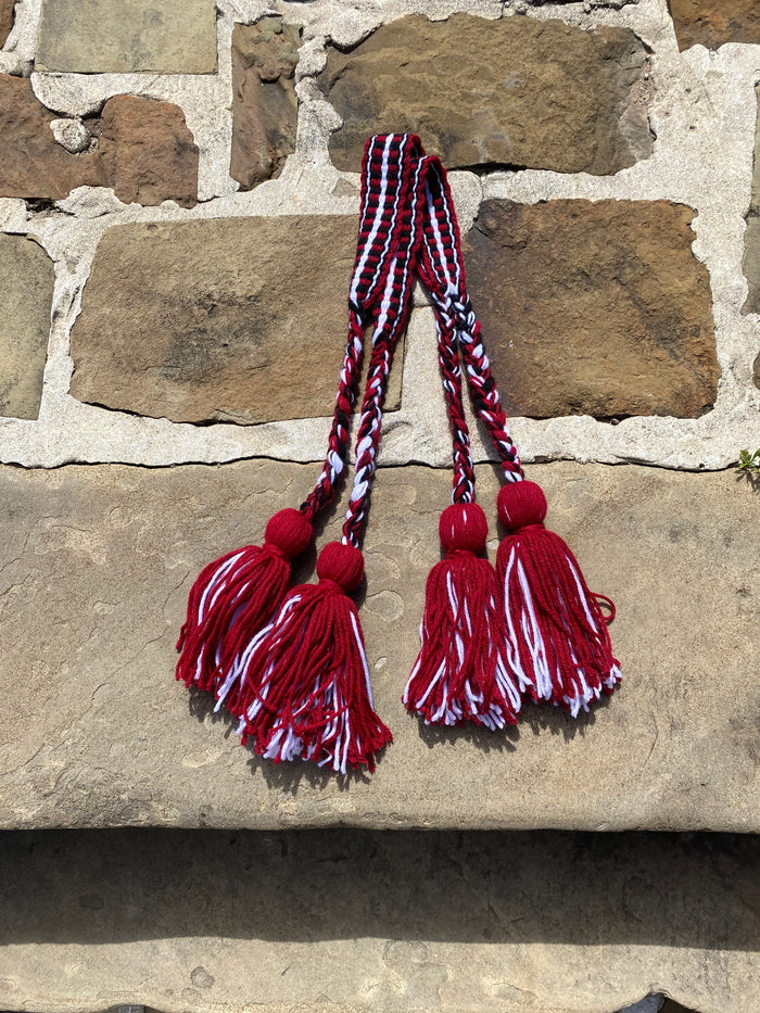 Double strap handwoven yarn belts made by Mvskoke artist, April Harley