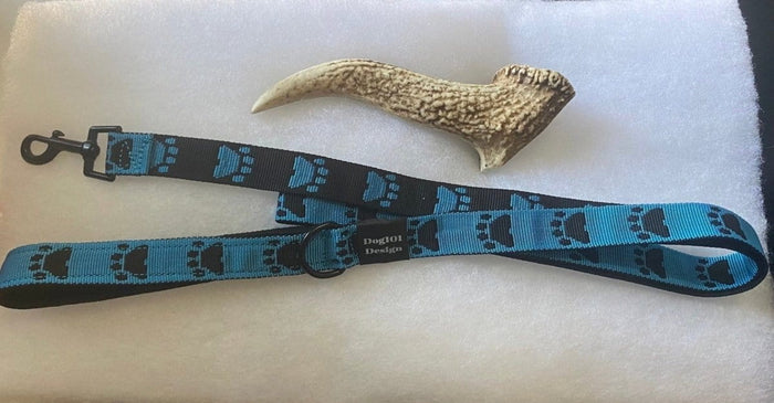 Dogtraining101 Black Adult Dog Premium Handle Fancy Black Paw - Blue 1.5m x 25mm Lead