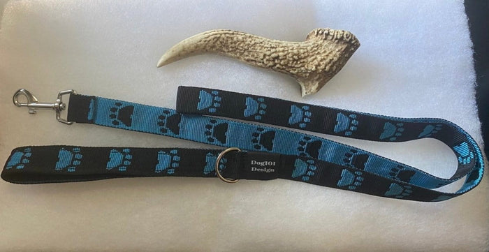 Dogtraining101 Silver Adult Dog Premium Handle Fancy Blue Paw - Black 1.5m x 25mm Lead
