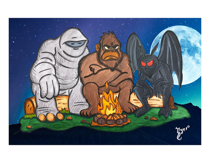 Art Print - M05 Cryptids by Campfire - Bigfoot, Mothman