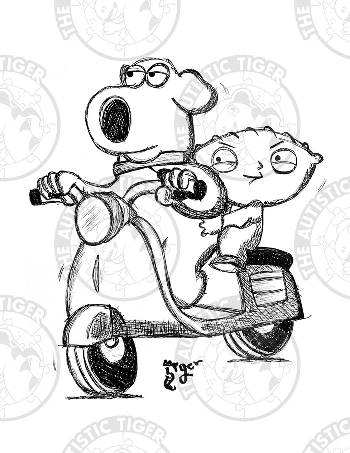 Art Print - P20 Stewie and Brian on Vespa B/W - Family Guy
