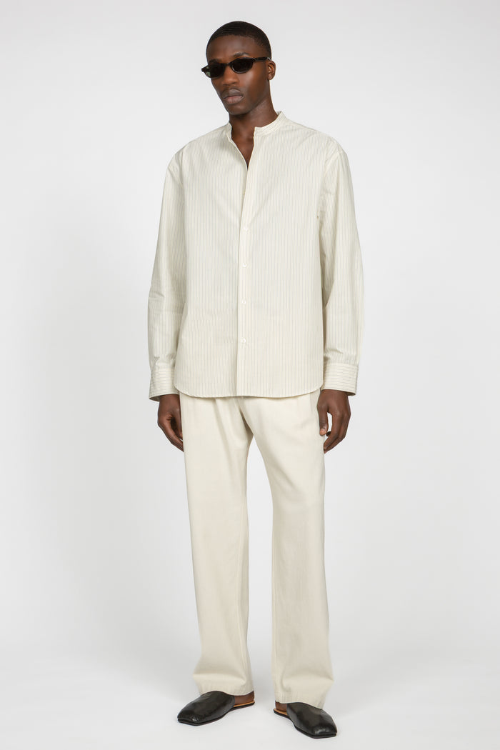 Band Collar Button Down Shirt - Eggshell / Tan Stripe