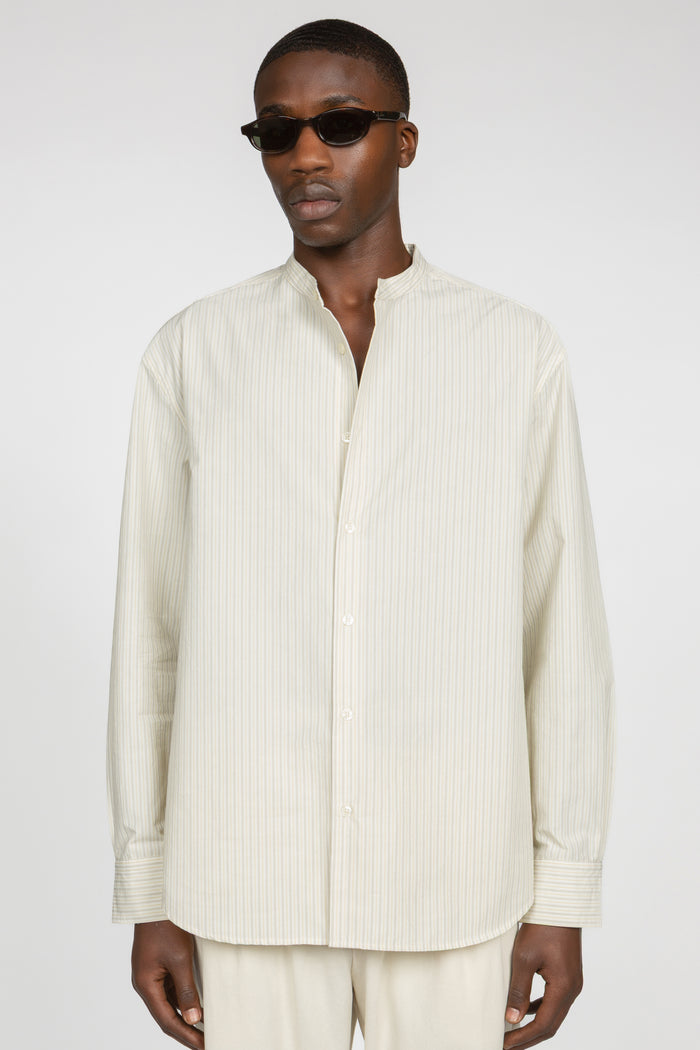 Band Collar Button Down Shirt - Eggshell / Tan Stripe