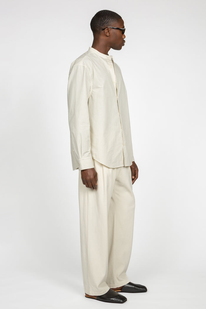 Band Collar Button Down Shirt - Eggshell / Tan Stripe