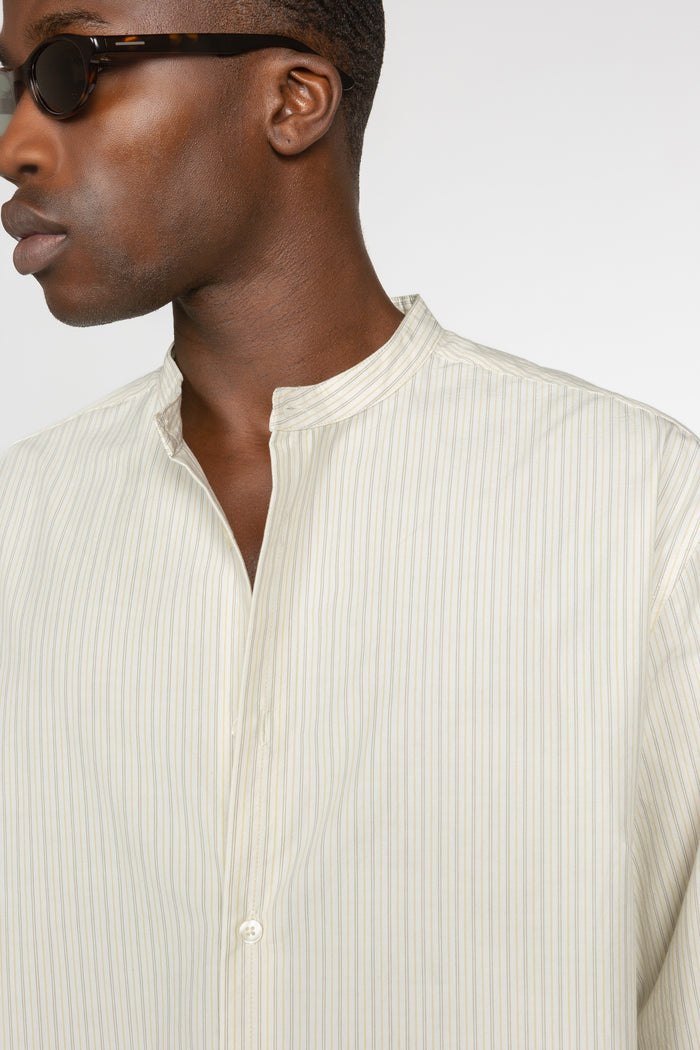 Band Collar Button Down Shirt - Eggshell / Tan Stripe