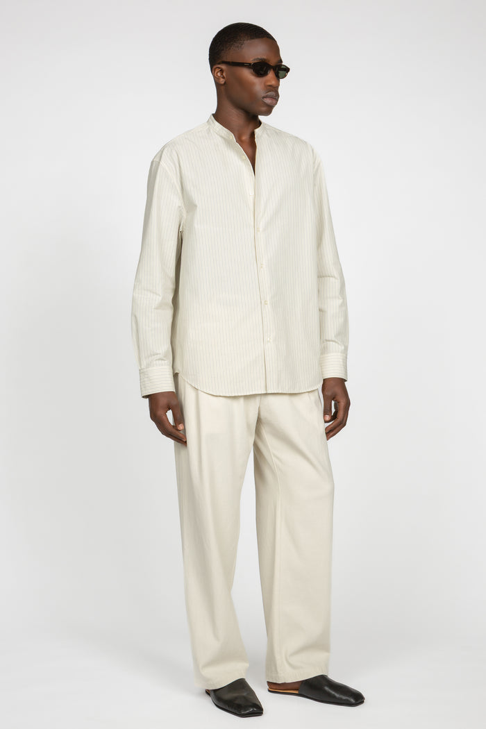 Band Collar Button Down Shirt - Eggshell / Tan Stripe