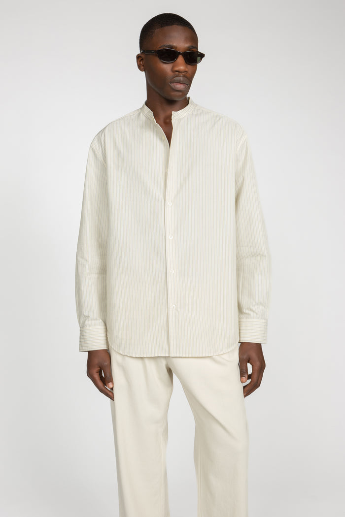Band Collar Button Down Shirt - Eggshell / Tan Stripe