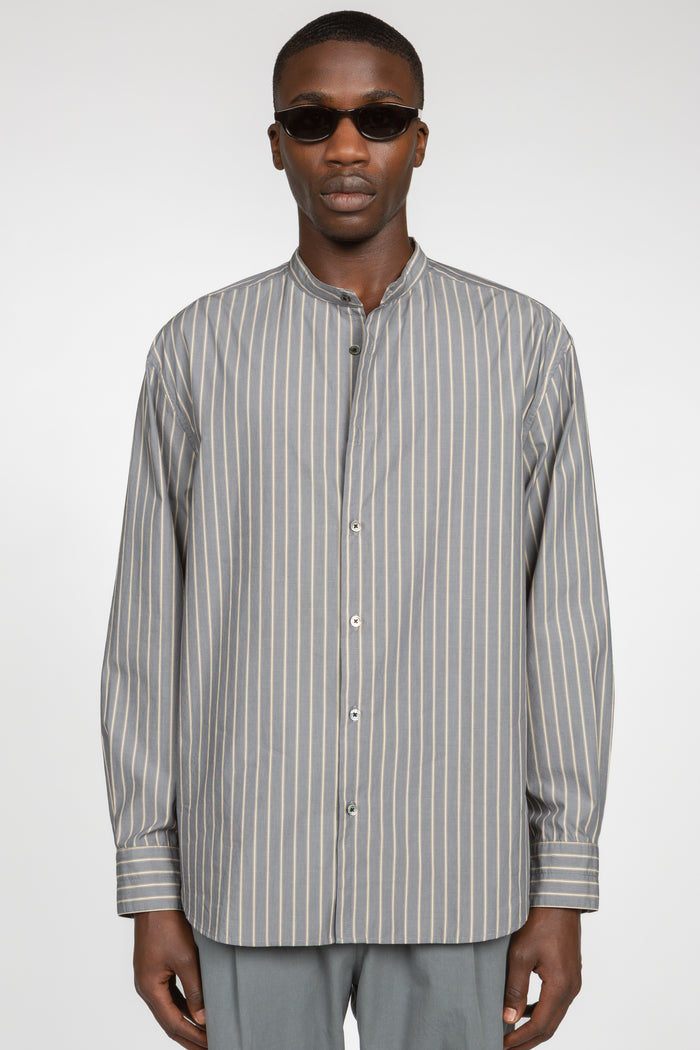 Band Collar Button Down Shirt - Grey / Beige Variegated Stripe