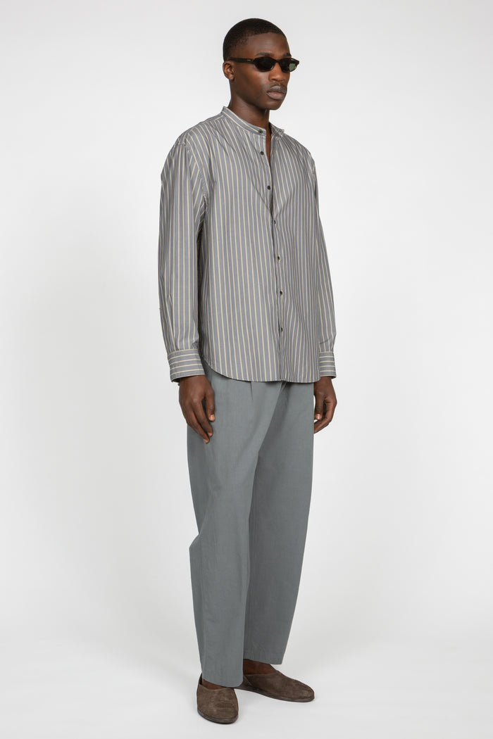 Band Collar Button Down Shirt - Grey / Beige Variegated Stripe