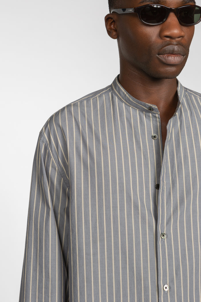 Band Collar Button Down Shirt - Grey / Beige Variegated Stripe