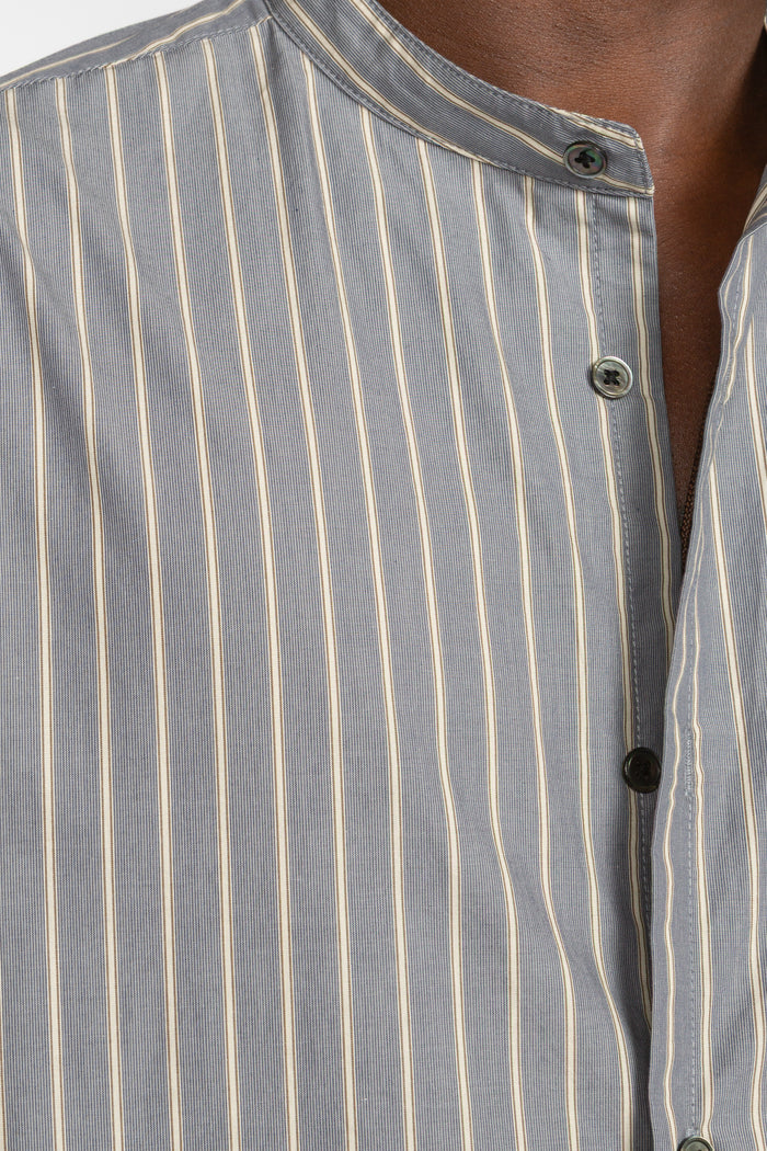 Band Collar Button Down Shirt - Grey / Beige Variegated Stripe