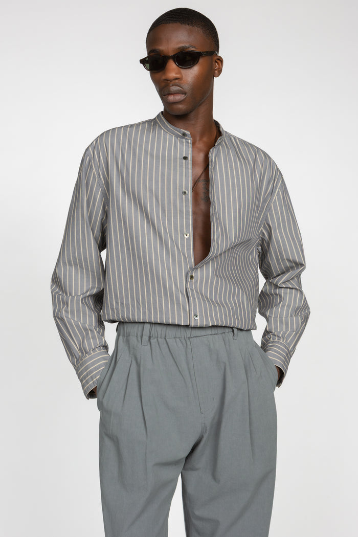 Band Collar Button Down Shirt - Grey / Beige Variegated Stripe