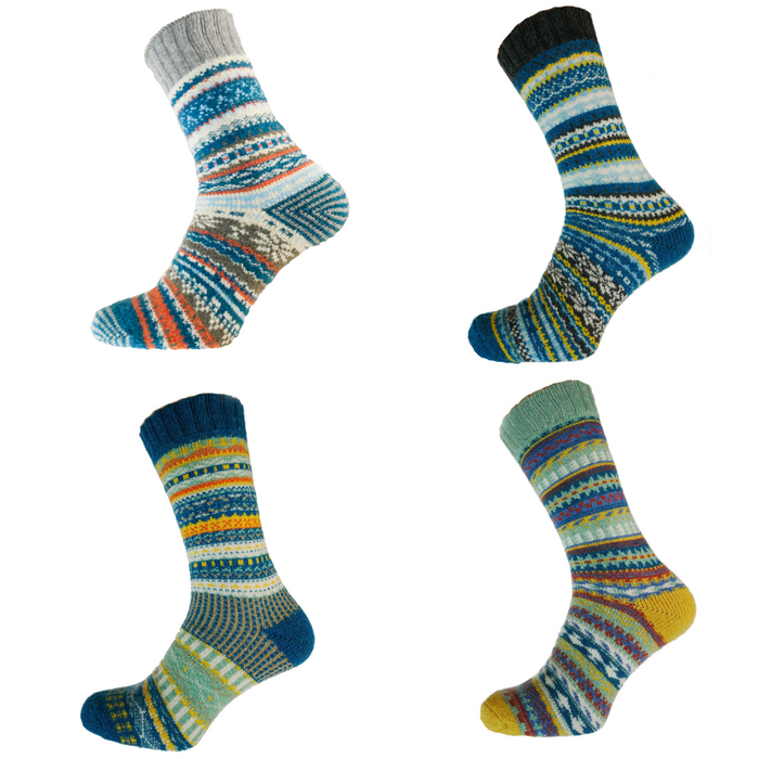 Four colorful patterned socks on a white background